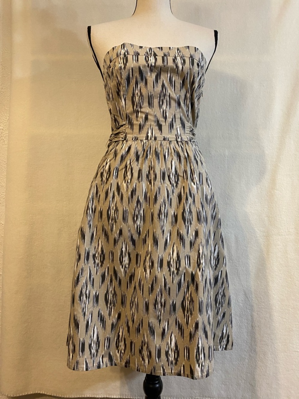LOFT tan brown white ikat print tie-waist smocked strapless dress